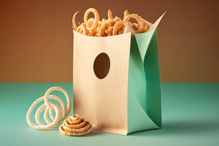 On a green background are fried onion rings in a paper bag. Onion rings that fly in a simple manner. Fast meal starter with a modern design. Junk food with a colorful backdrop. Menu for fast food. Generative AIの素材