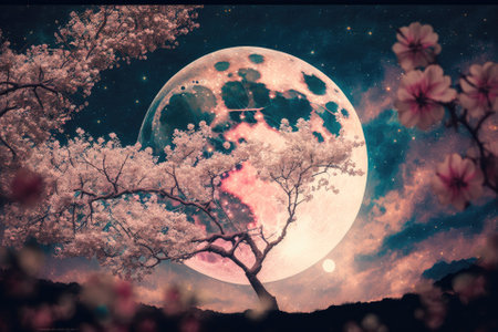 Beautiful milky way star, full moon, and cherry blossom (sakura flowers) in a retro styled painting with vintage color tones (Elements of this moon image furnished by NASA). Generative AIの素材