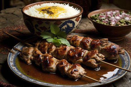 Chicken and mutton are used to make Iranian kebabs. You can eat kebab with rice or bread. Sumac is undoubtedly drizzled on kebabs in Iran. Generative AIの素材