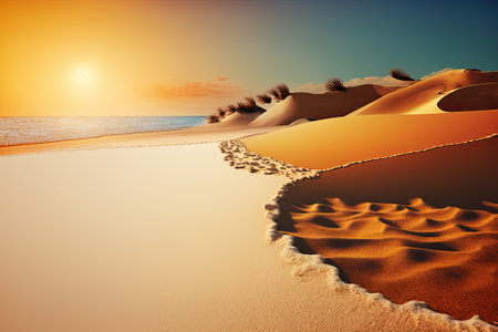 Sand on a beach in close up with a clear summer sky. panoramic view of a beach. Tropical seascape and beach are deserted. Soft sand, a sunset sky that is orange and golden, serenity, peaceful sunlight. Generative AIの素材