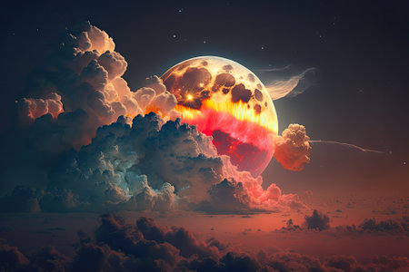 Fireworks in the colors of red and yellow with a full moon above the clouds. Generative AIの素材