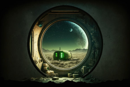 Grungy cabin of a spaceship with a view of a lone green window. Generative AIの素材
