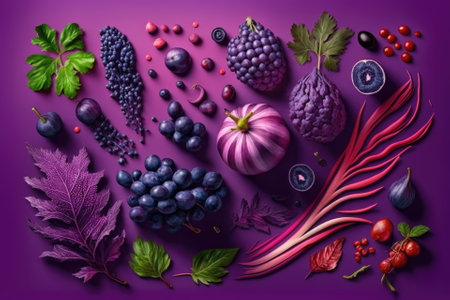 On a purple background, a creative layout was created with red cabbage, red onion, grapes, aubergines, plums, and blackberries. Lay flat. notion of food. macro level idea. Generative AIの素材