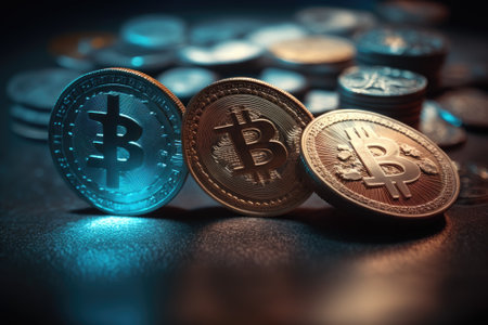 Coins for bitcoin and ethereum on a background of blue light. trading on the market for cryptocurrencies. image with selective focus. Generative AIの素材