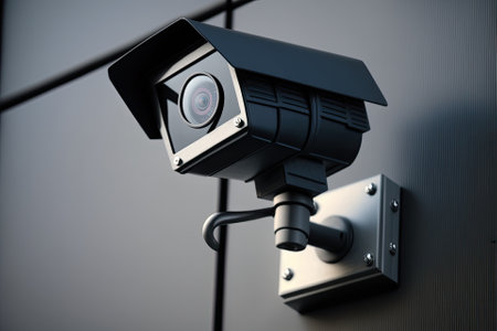 In an office building, a security CCTV camera or surveillance system. Generative AIの素材
