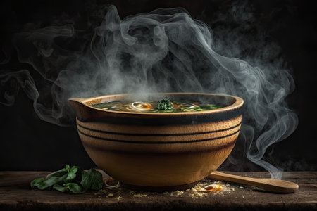 Steaming hot soup in a bowl made of wood and smoke. discerning concentration. Generative AIの素材