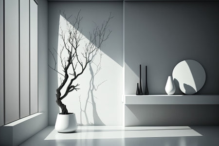 For cosmetic object placement, an abstract simple interior with a tree branch serves as a backdrop. Generative AIの素材