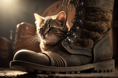 Up close Cute tabby kitty with sunlight in a boot. Generative AIの素材