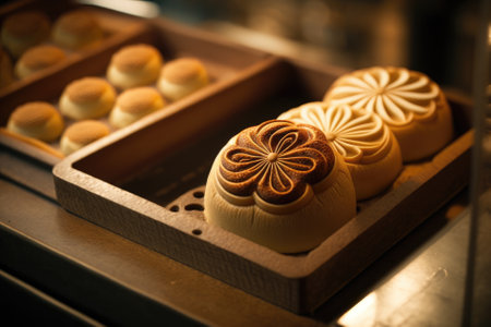 Detailed shot of freshly baked bread on a wooden tray in a Japanese bakery in Tokyo. Generative AIの素材