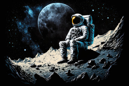 Illustration of a science fiction spacesuit clad lone figure on a tiny asteroid striving for the stars in deep space, sitting on the moon. Generative AIの素材