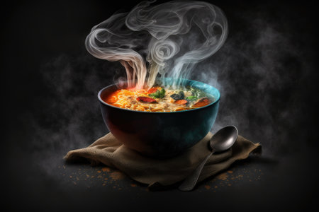 Hot soup in a bowl against a dark background. Generative AIの素材