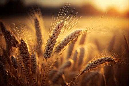Wheat Rye Field, Ears of wheat close up. Harvest and harvesting concept. Ripe barley on the field on late summer morning time, sunrise backlight, shallow depth of the field. Generative AIの素材