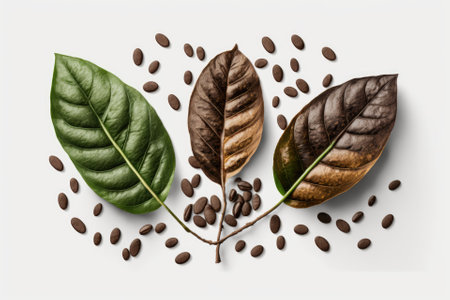 On a white background, three sparkling, freshly roasted coffee beans with leaves are seen. Generative AIの素材