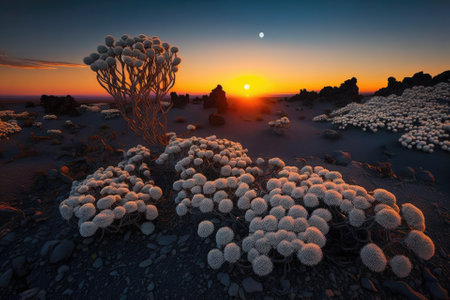 Craters of the Moon National Monument and Reserve, USA, Idaho. Sunset in a lava field with dwarf buckwheat. Generative AIの素材
