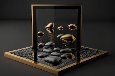 a contemporary minimalist showcase for product display, an abstract black background with cobblestones and a golden square frame, and a liquid floor with water reflection. Generative AIの素材