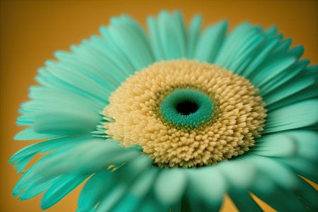 Close up of a turquoise gerbera bloom against a yellow background. Macroscopic photography. Gerbera Card Flower Macro background of natural, romantic, and floral abstraction. Generative AIの素材