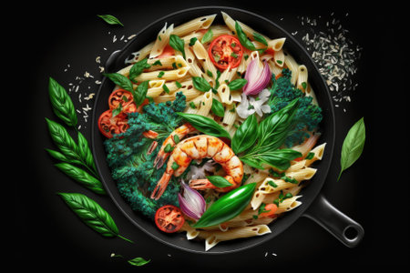 Italian pasta with greens and shrimps in a pan in a frozen flight on a black background. Sea food. Restaurant, hotel, banquet, home cooking. Healthy vegetarian food, healthy lifestyle. Generative AIの素材