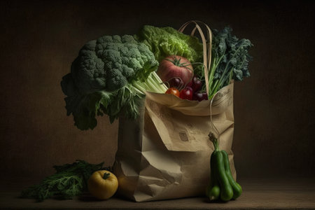 Vegetables and fruits were dropped on a wood plank while holding a beige canvas grocery bag with a dark green le. Generative AIの素材