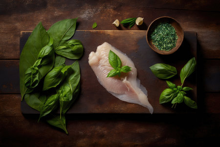 Top view of a wooden table with a half raw fish fillet and basil. Generative AIの素材