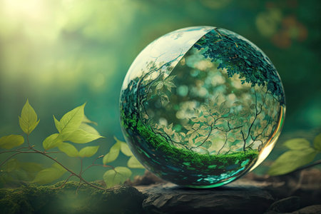 Save the planet. Environmental Concept Banner for World Earth Day. Glass green globe in the s with a sunny background. Generative AIの素材