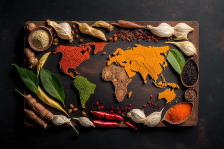 Set of spices and herbs. Indian cuisine. World map Pepper, salt, paprika, basil, turmeric. On a black wooden board. Top view. Free space for copying. Generative AIの素材