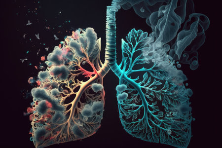 Smoking and the lungs Using illustration elements, a medical notion is presented as a lit cigarette with the ashes resembling the human respiratory system as a risk factor for nicotine addiction and s. Generative AIの素材