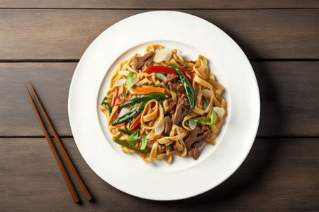 Udon stir fry noodles with pork meat and vegetables in a white plate on white wooden background. Generative AIの素材