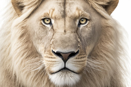 a close up of a Lion face, a 10 year old Panthera Leo, alone on white. Generative AIの素材