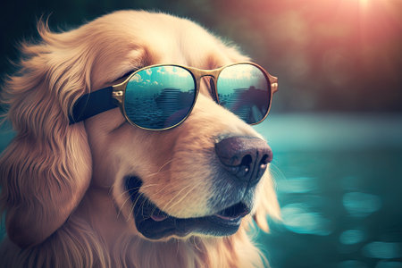 a lovely golden retriever wearing sunglasses and toned with a vintage throwback Instagram filter. Generative AIの素材