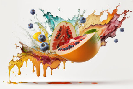 mixed fruit splashing on a white background as it falls into fluids. Generative AIの素材