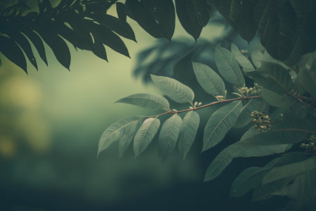 Wide format, copy space, atmospheric image in calming subdued dark green tones. Natural background border with fresh juicy leaves in soft focus outside in nature. Generative AIの素材