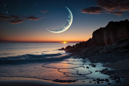 crescent moon over the ocean in the background, at sunset. Generative AIの素材