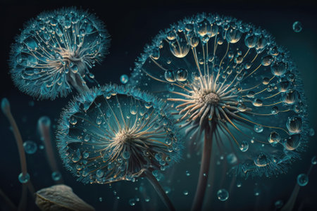 dandelions in blue with drops. Generative AIの素材