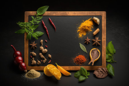 a wooden board covered in spices and herbs. Basil, paprika, turmeric, pepper, salt, and on a black chalkboard made of wood. looking up. No cost copy space. Generative AIの素材