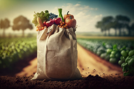 burlap bag filled with vegetables and fruits in a crop field, healthy eating and organic agriculture concept, copy space for text. Generative AIの素材