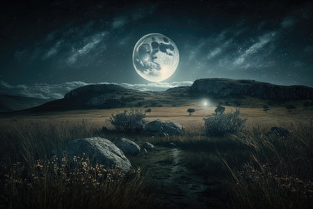 a nightscape with a full moon, grassland, and stars. Generative AIの素材