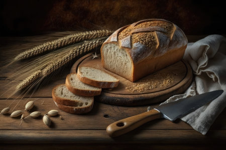 wheat and fresh bread on a wooden board. Generative AIの素材