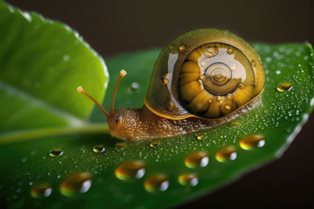 a tiny brown snail on a leaf of green, Abstract water drips on a flower leaf, a snail crawling on a leaf, Animal, Animal Shell, Animal Wildlife, Thailand, Africa. Generative AIの素材