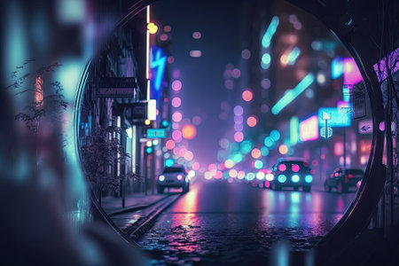 blurred, out of focus image with night neon bokeh, intense blue and purple hues, and a cyberpunk setting. wonderful wallpaper backdrop City street at night. Generative AIの素材