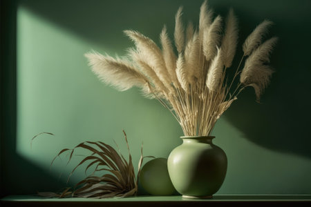against a green wall, pampas grass in a vase. Generative AIの素材