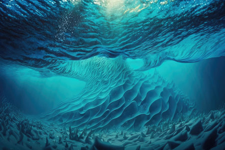 underwater setting Blue Bright waves and ripples under water. Generative AIの素材