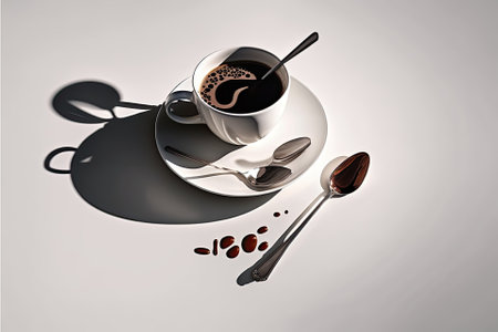 shadowed white background with a floating cup of coffee, saucer, and spoon. Generative AIの素材