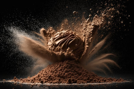eruption of cocoa powder against a dark background. Generative AIの素材
