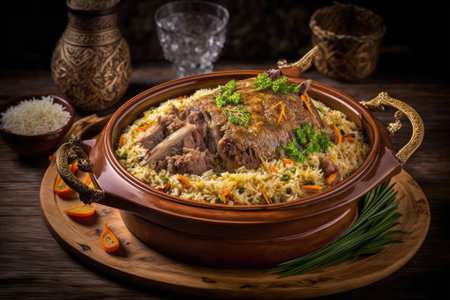 traditional ramadan time Arabic rice dish called lamb madghout. Generative AIの素材