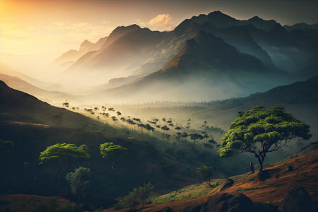 Awe inspiring natural view from Kolukkumalai Munnar, a foggy mountain landscape at sunrise, and a Kerala travel and tourism concept image with selective focus. Generative AIの素材