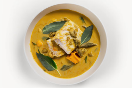 typical Sri Lankan fish curry, seen from above Sri Lankan king fish curry on a white background. Homemade, hot and sour yellow fish curry with gambooge, turmeric, and coconut milk gravy. Generative AIの素材