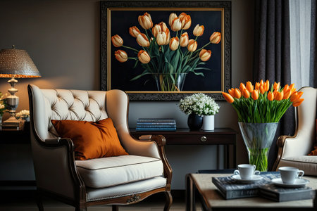 comfortable armchair near tulips on coffee table and paintings in living room. Generative AIの素材