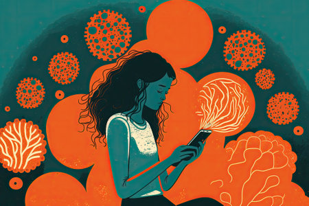 A young woman with a smile on her face is typing on her smartphone or accessing the internet while she is isolated in a circular coral background. Copy space. Generative AIの素材