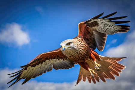 Portrait of a red kite (milvus milvus) with spread wings flying in the blue sky. Generative AIの素材