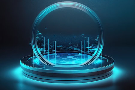 a circular waterside deck with glass walls. Banner for a product showcase in a simple, blue neon style. Modern mockup for a promotion. a background made of geometry and void. Generative AIの素材
